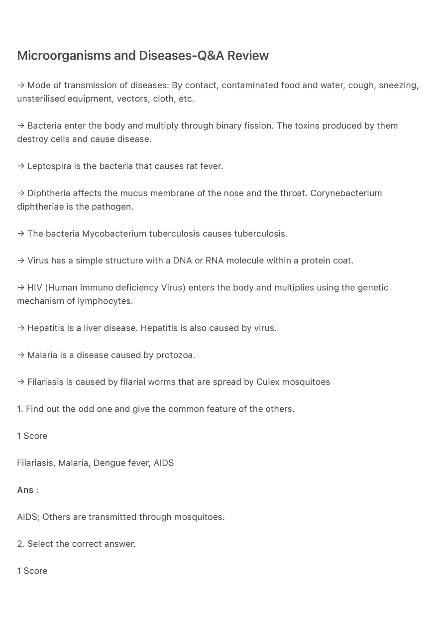 Microorganisms and Diseases - Q&A Review - Page 1
