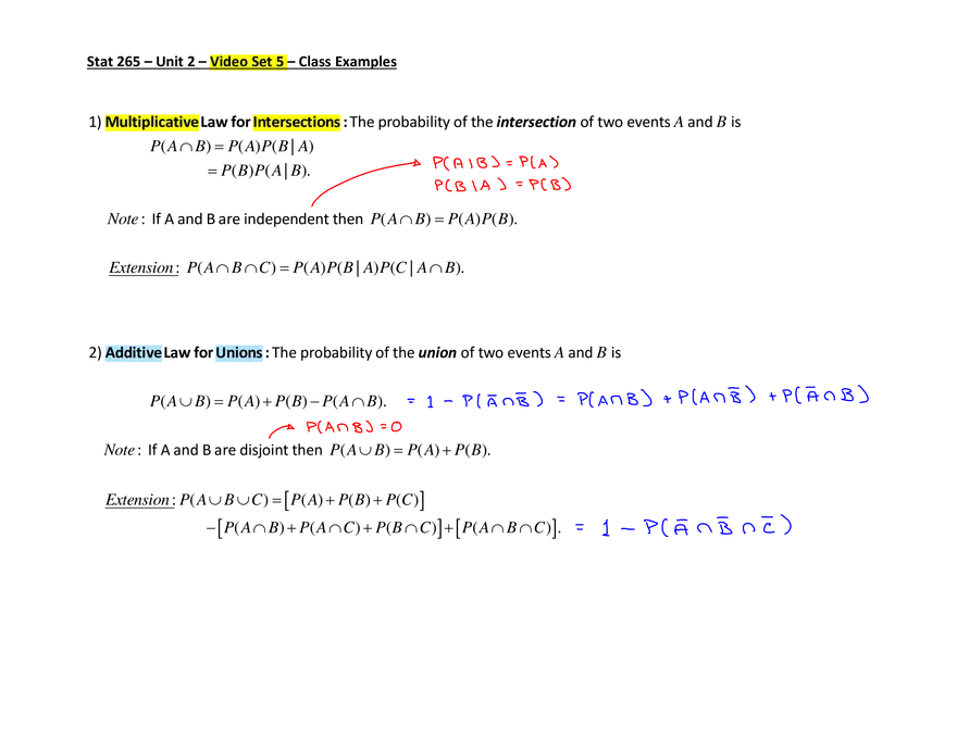 Stat 265 - Unit 2 - Video Set 5 - Class Examples - Page 1