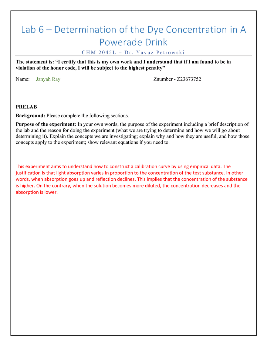 Lab 6 - Determination of the Dye Concentration in A Powerade Drink - Page 1