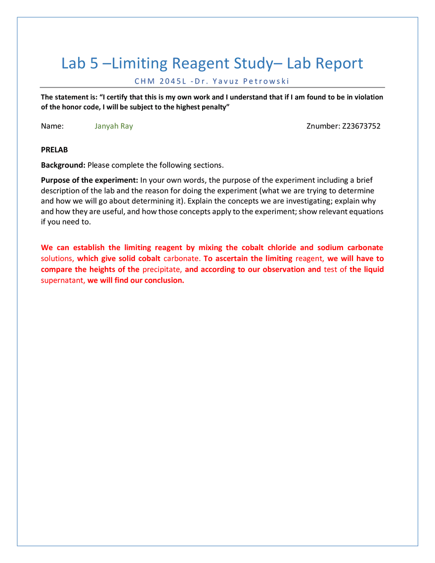 Lab 5 – Limiting Reagent Study - Lab Report - Page 1