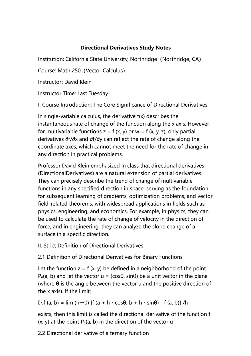 Directional Derivatives Study Notes - Page 1