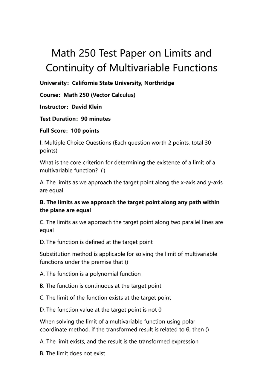 Math 250 Test Paper on Limits and Continuity of Multivariable Functions - Page 1