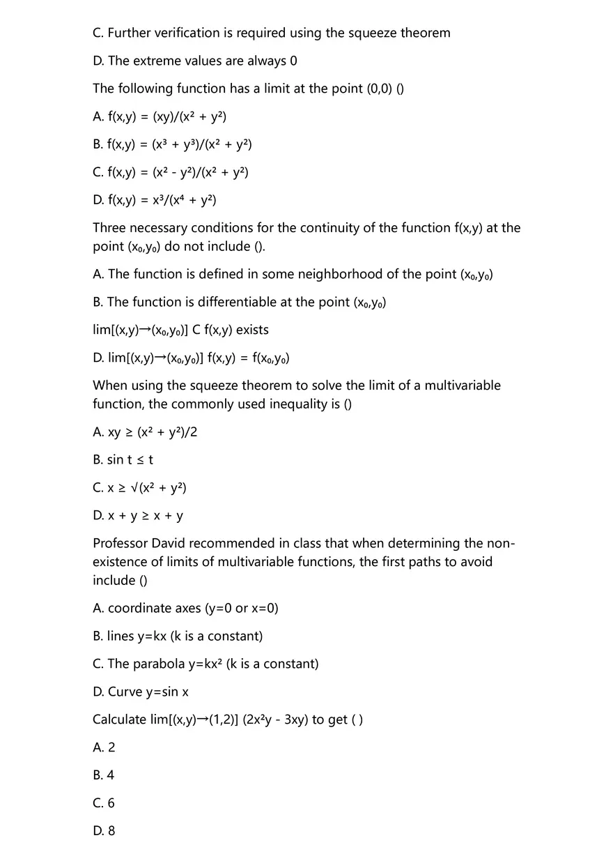 Math 250 Test Paper on Limits and Continuity of Multivariable Functions - Page 2