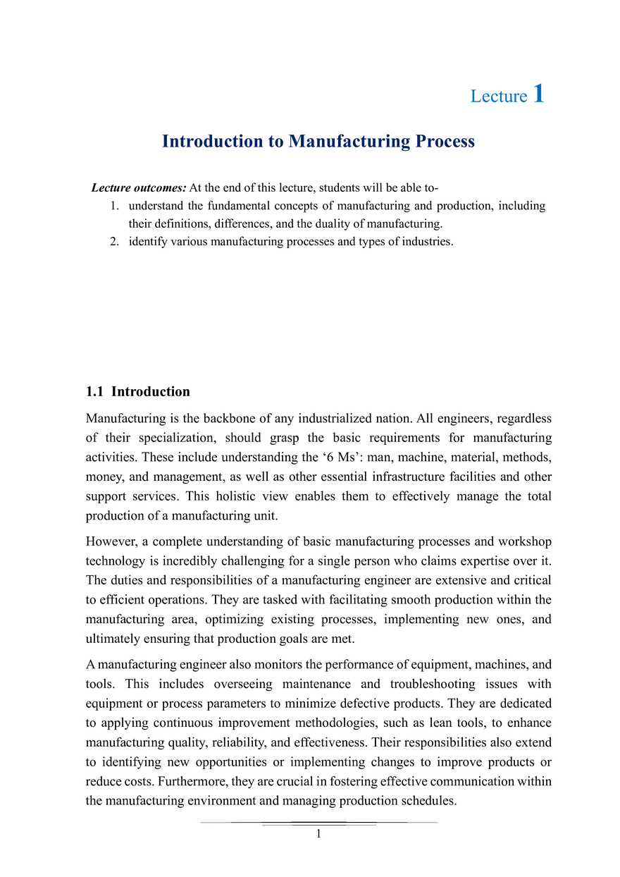 Lecture - 1 Introduction (Handnote - I): Manufacturing Process I - Page 1