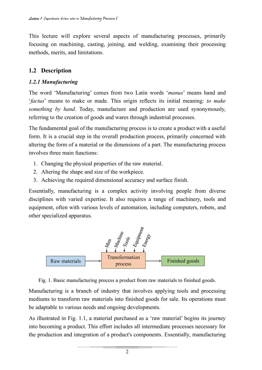 Lecture - 1 Introduction (Handnote - I): Manufacturing Process I - Page 2