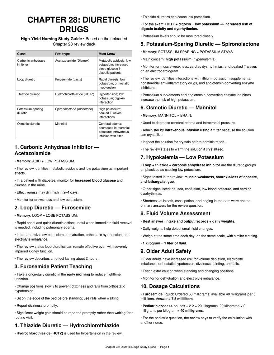 Chapter 28: Diuretic Drugs - Study Guide Columns - Page 1