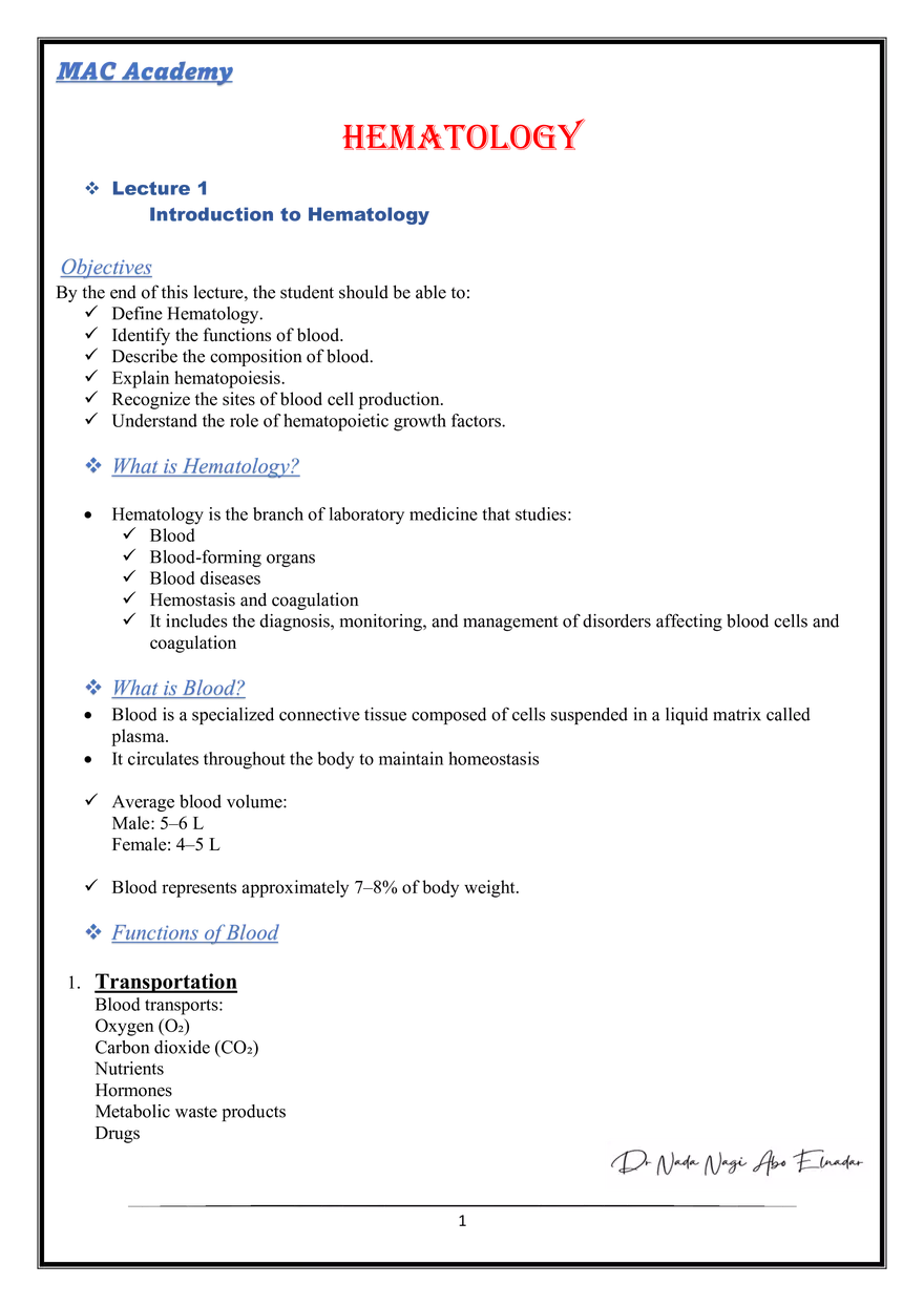 Hematology Notes - Page 1