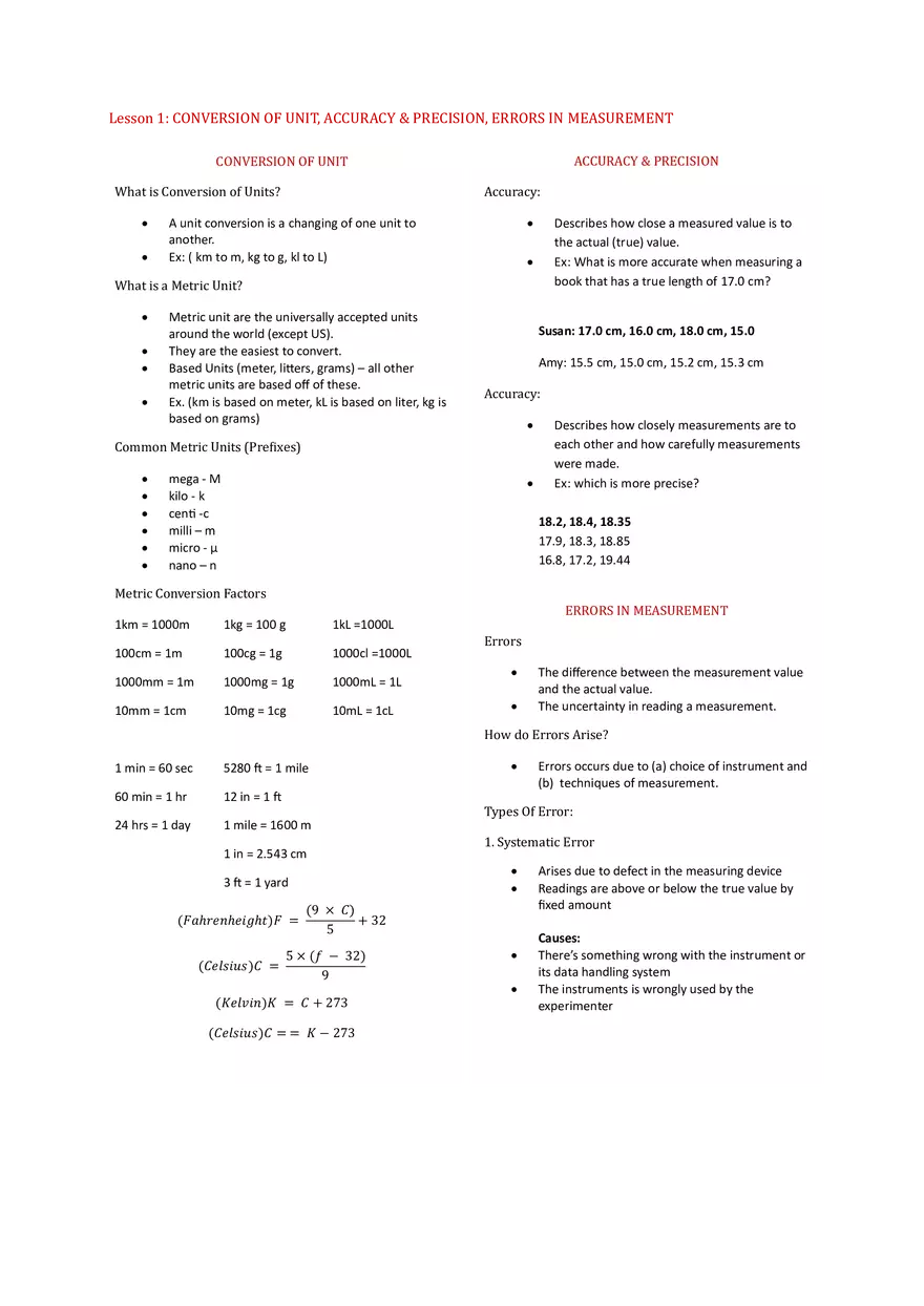 Physics Notes (Unit Conversion, Accuracy & Precision, Error in Measurements) - Page 1
