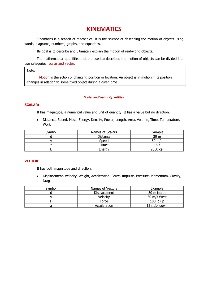 Kinematics - Lecture Note - Page 1