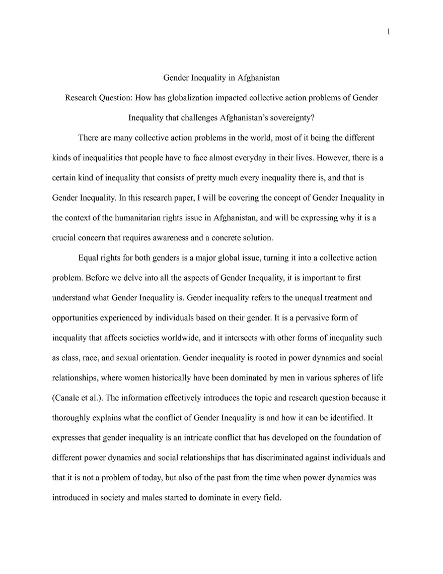 Gender Inequality in Afghanistan Research Paper - Page 1