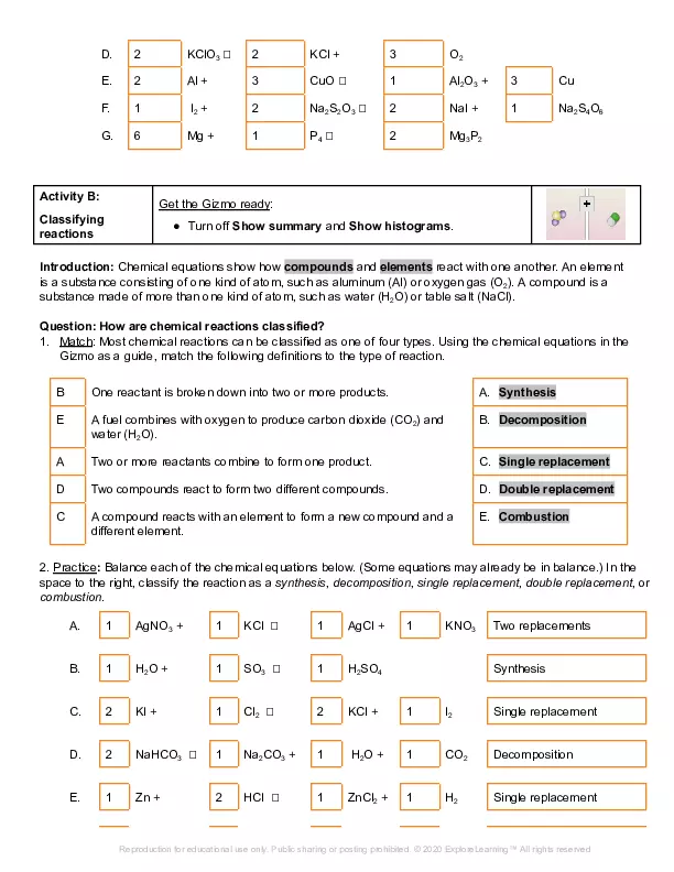Balancing Chemical Equations Gizmo Answer Key Edubirdie