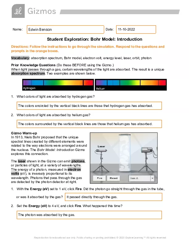 Bohr Model Introduction Gizmo Answer Key Edubirdie