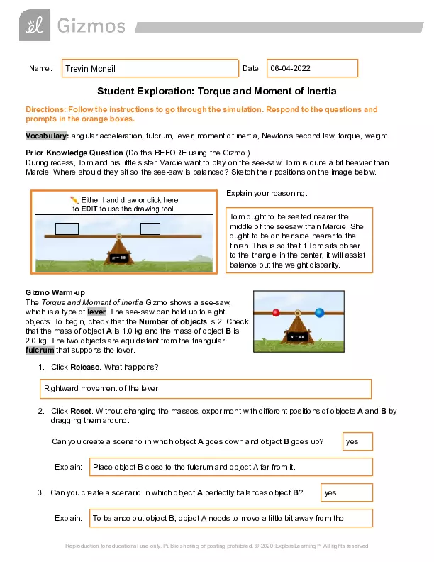 Torque and Moment of Inertia Gizmo Answer Key Edubirdie