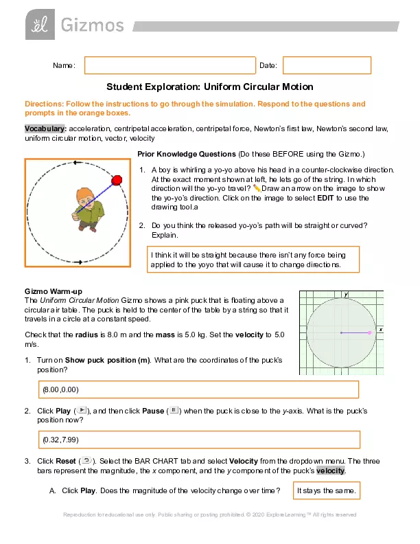 Uniform Circular Motion Gizmo Answer Key Virtual High School Edubirdie
