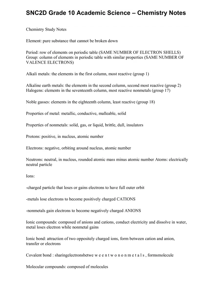 Academic Science - Chemistry Notes - Page 1