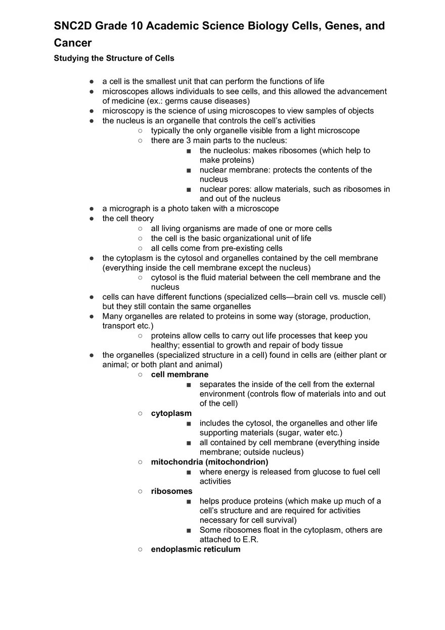 Academic Science Biology Cells, Genes, and Cancer - Page 1