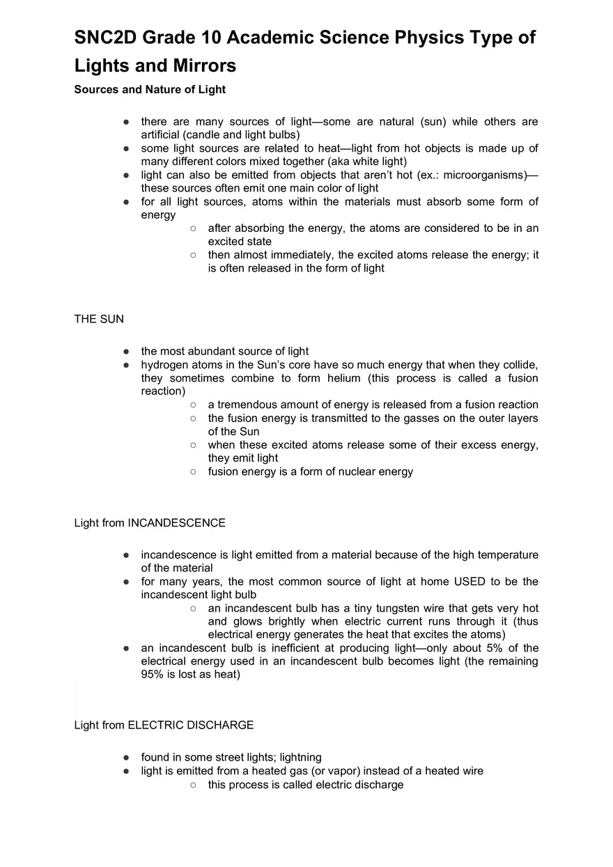 Academic Science Physics - Type of Lights and Mirrors - Page 1