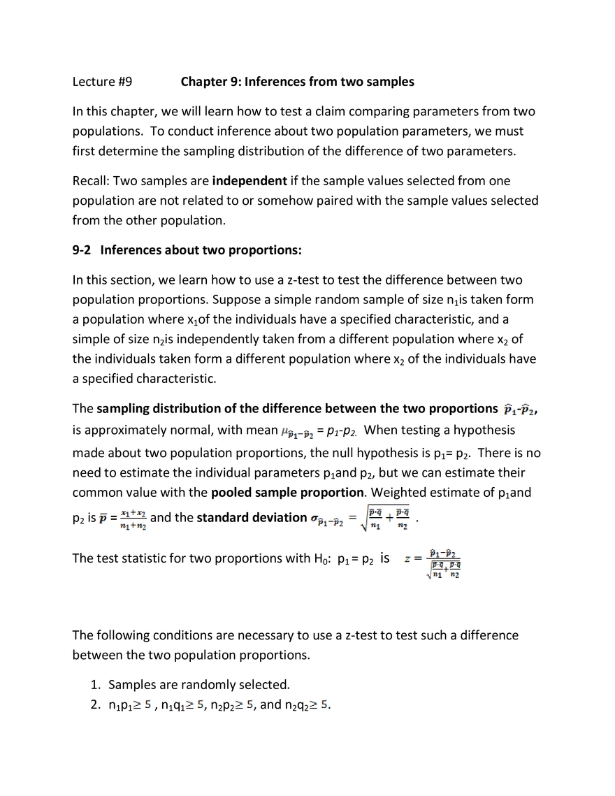 Chapter 9 Inferences From Two Samples - Page 1