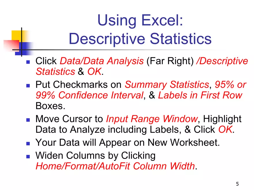 Using Excel for Statistics - Page 5