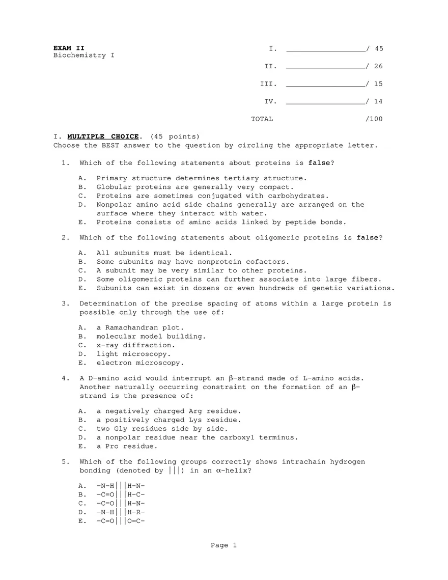 Exam 2 Biochemistry 1 Questions and Answers - Page 1