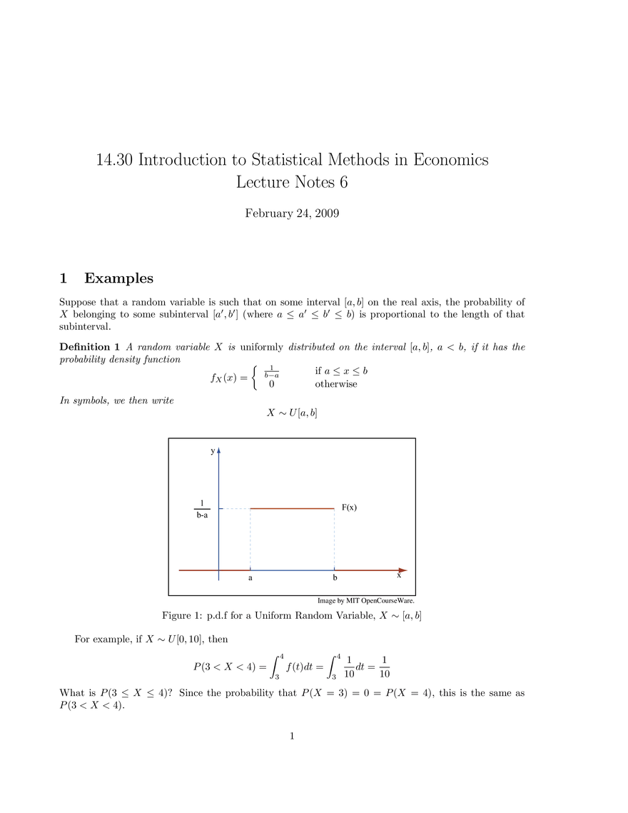 14.30 Introduction to Statistical Methods in Economics: Lecture Notes 6 - Page 1