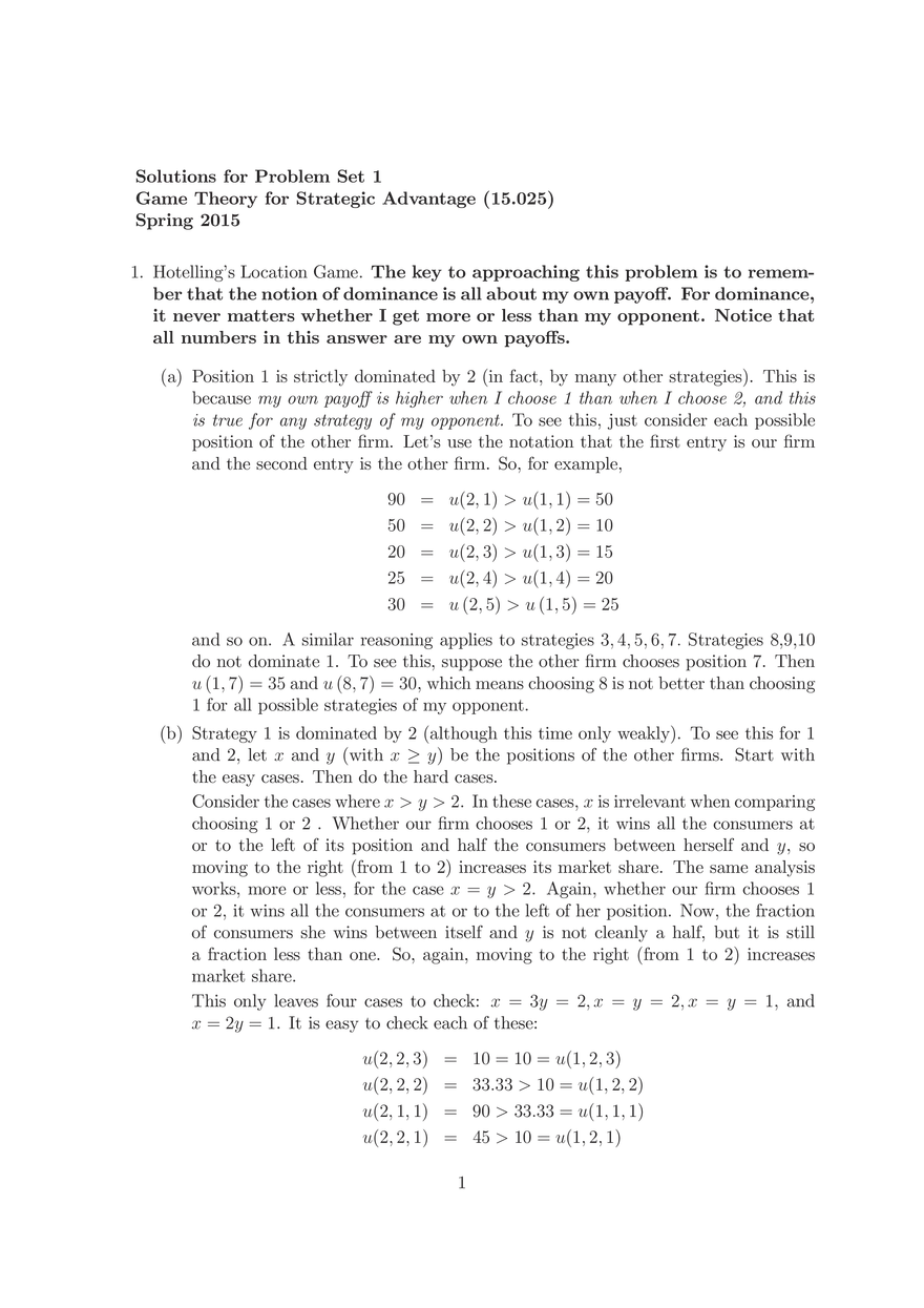 Game Theory for Strategic Advantage (15.025), Solutions for Problem Set 1 - Page 1