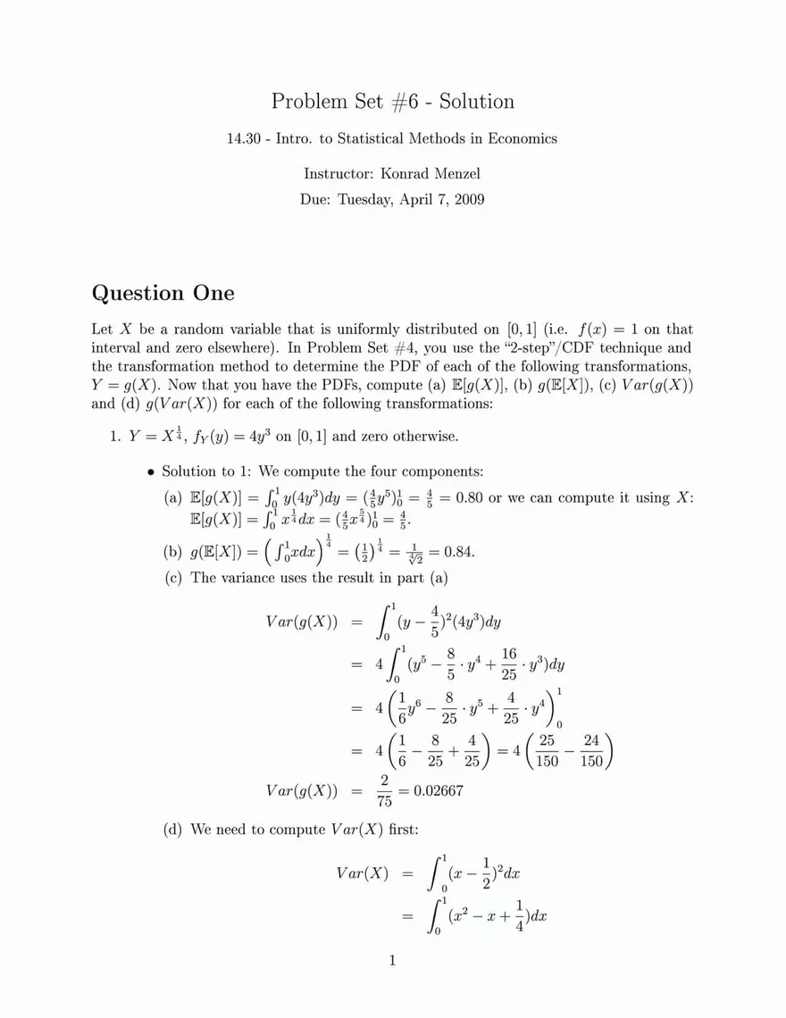 14.30 Introduction to Statistical Methods in Economics: Problem Set #6 with Solutions - Page 1