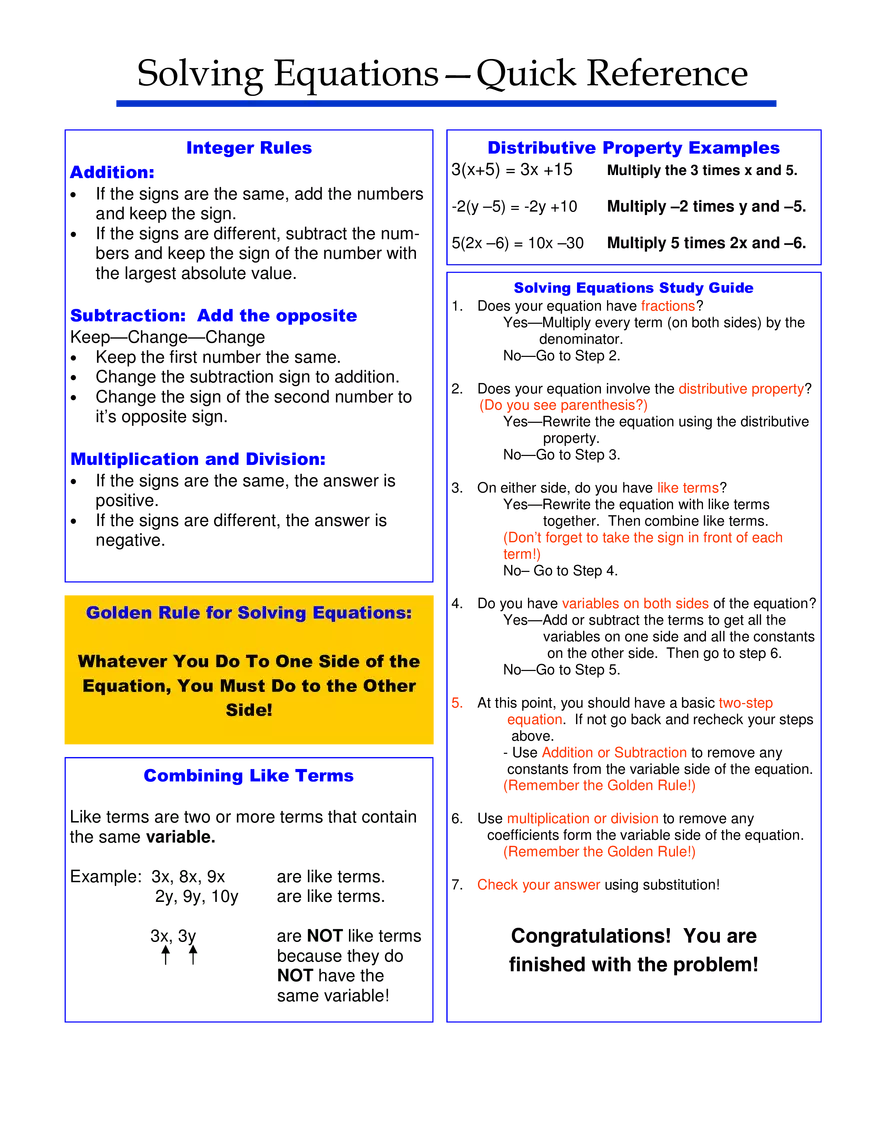 Solving Equations - Quick Reference - Page 1