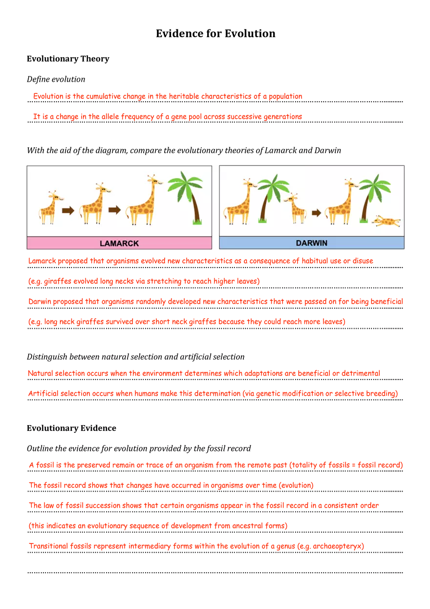 Evidence for Evolution Worksheet (Answers) - Page 1