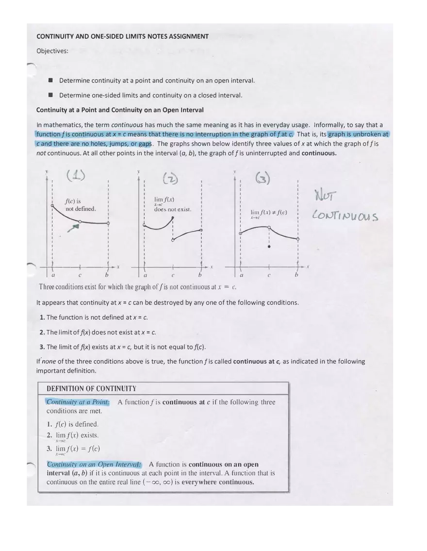 Continuity and One-Sided Limits Notes - Page 1