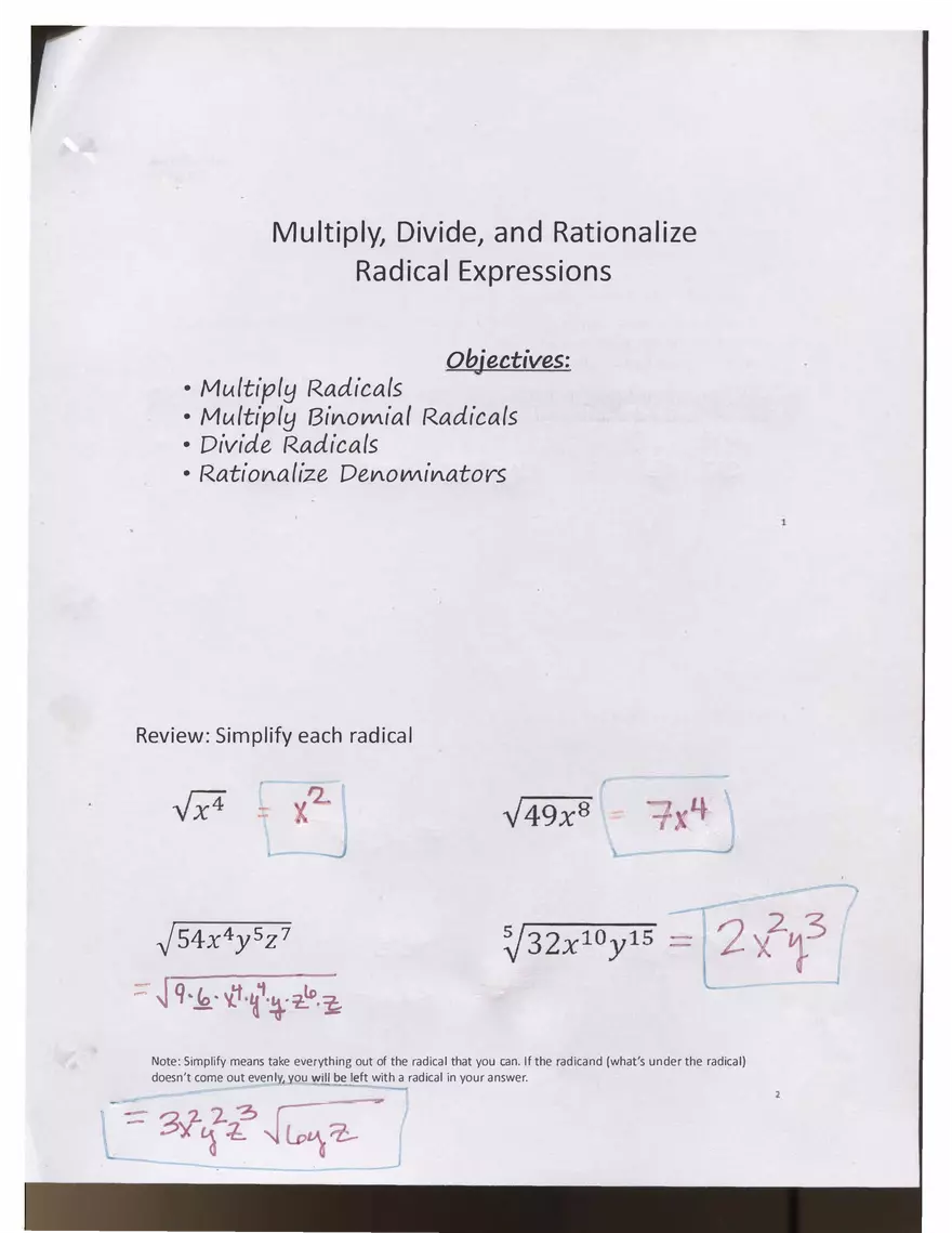 Multiply, Divide, and Rationalize Radical Expressions - Page 1