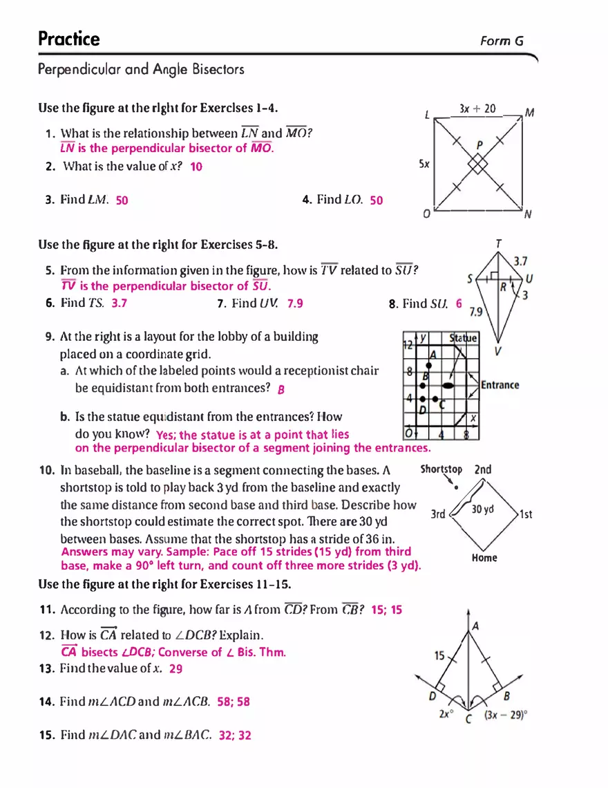 Perpendiculor ond Angle Biseclors Answer Key - Page 1
