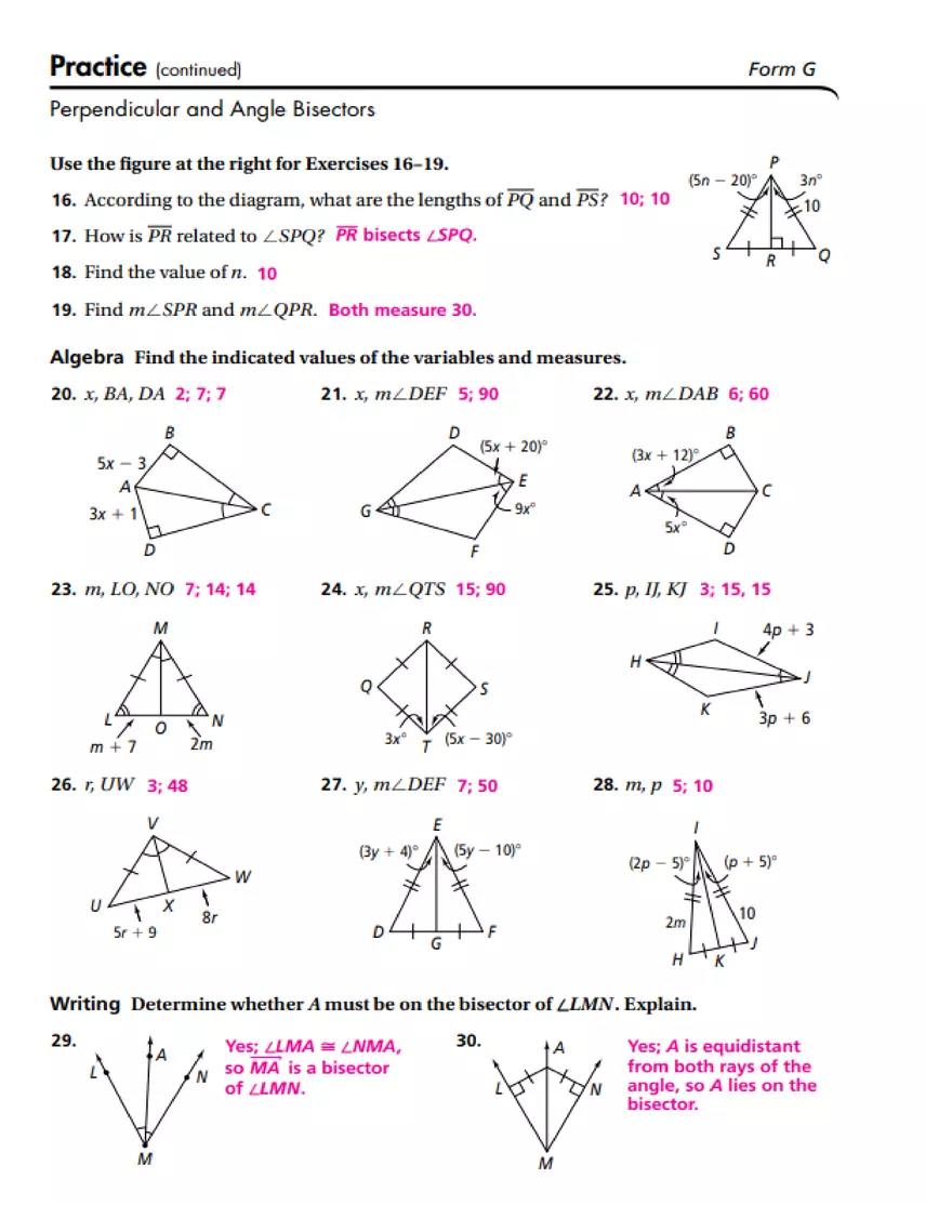 Perpendiculor ond Angle Biseclors Answer Key - Page 2