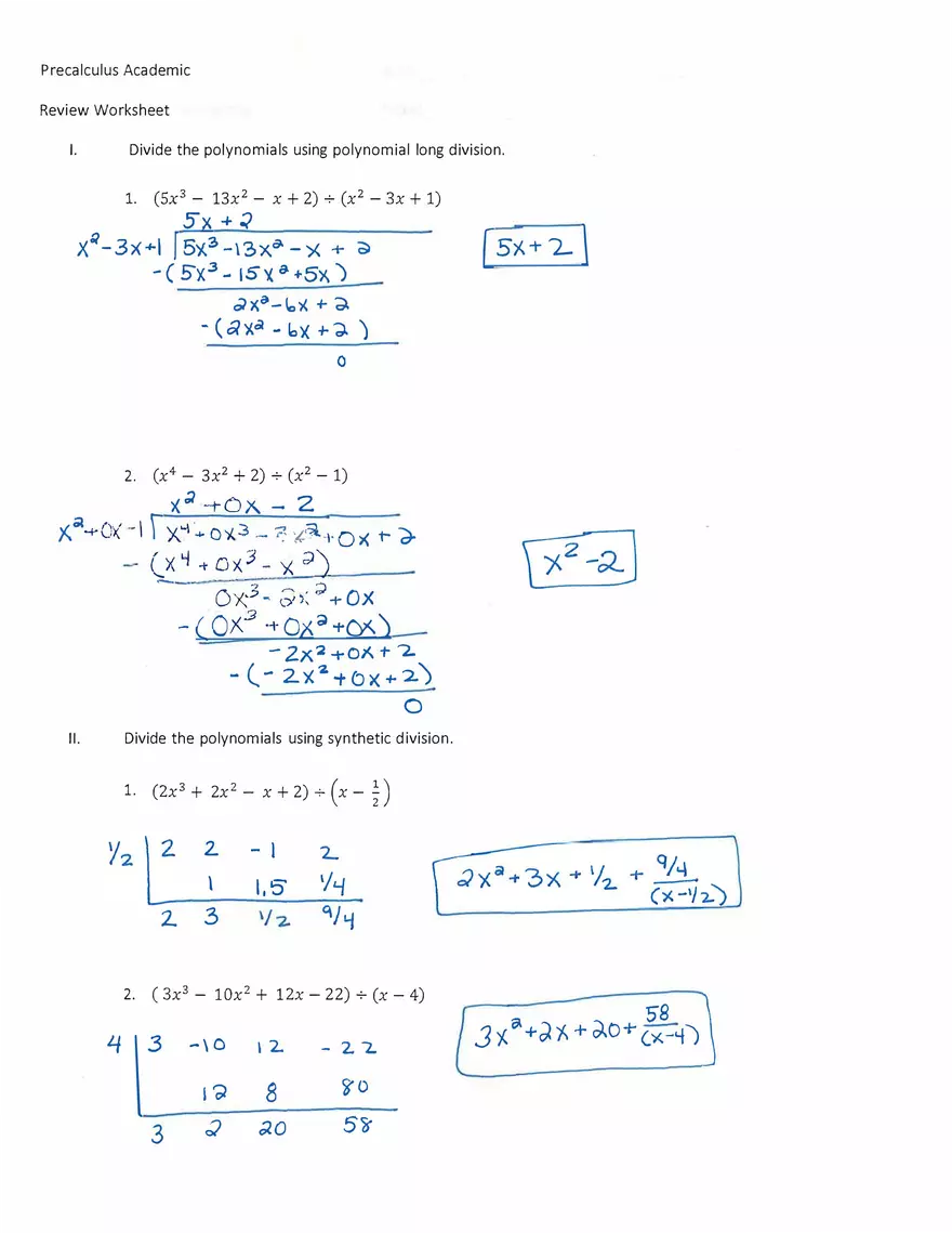 Precalculus Academic Review Worksheet Assignment - Page 1