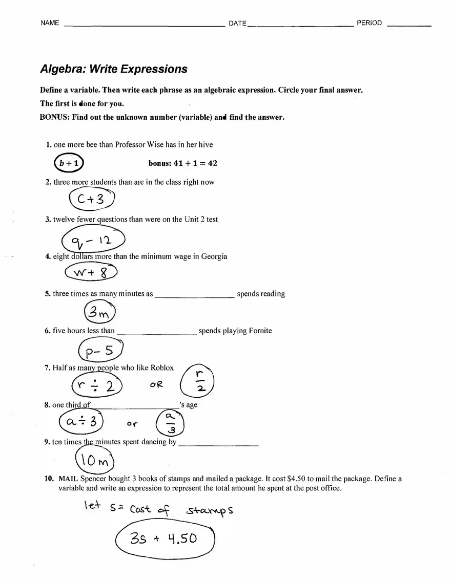 Algebra - Write Expressions - Page 1