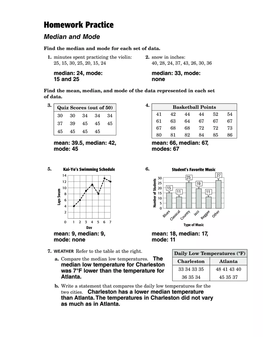 Homework Practice Median and Mode - Page 1