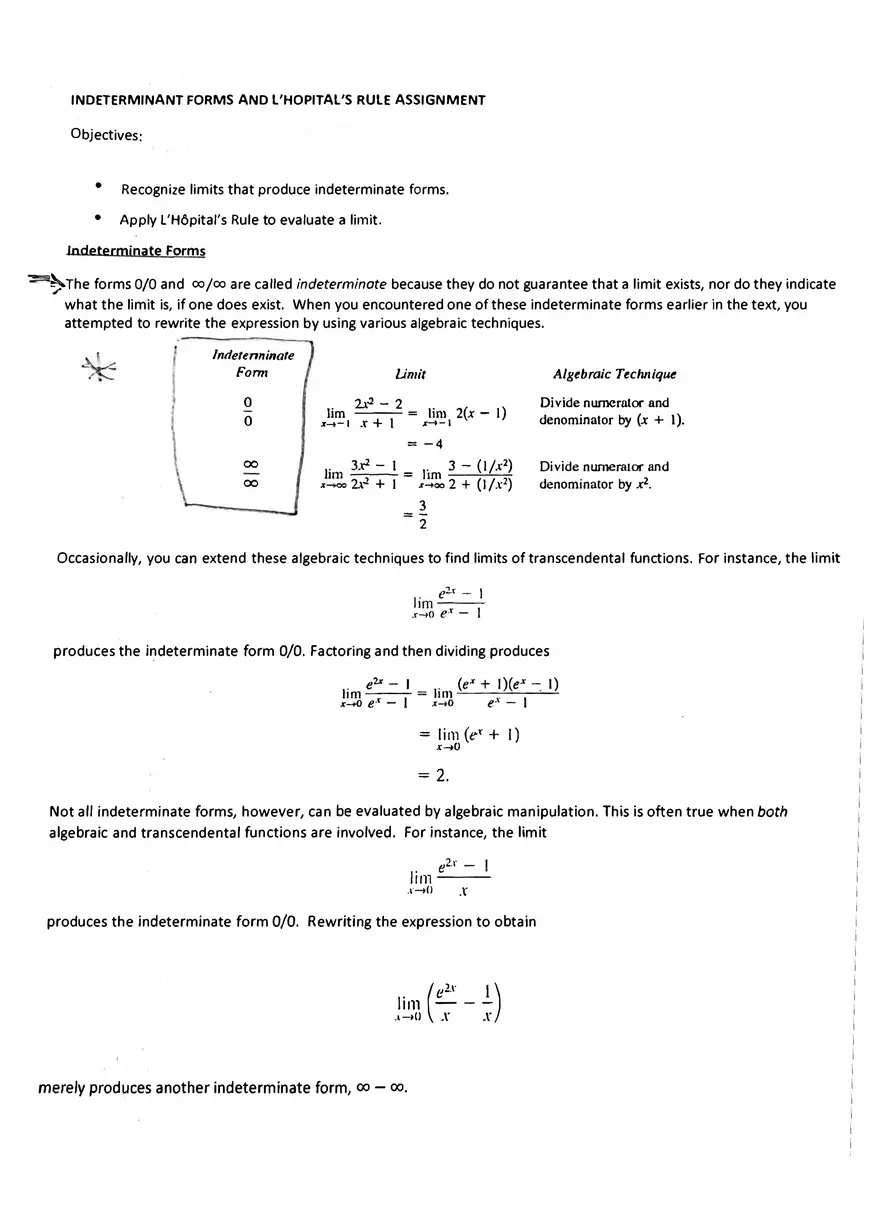 Calculus Indeterminant Forms And L'hopital's Rule Assignment - Page 1