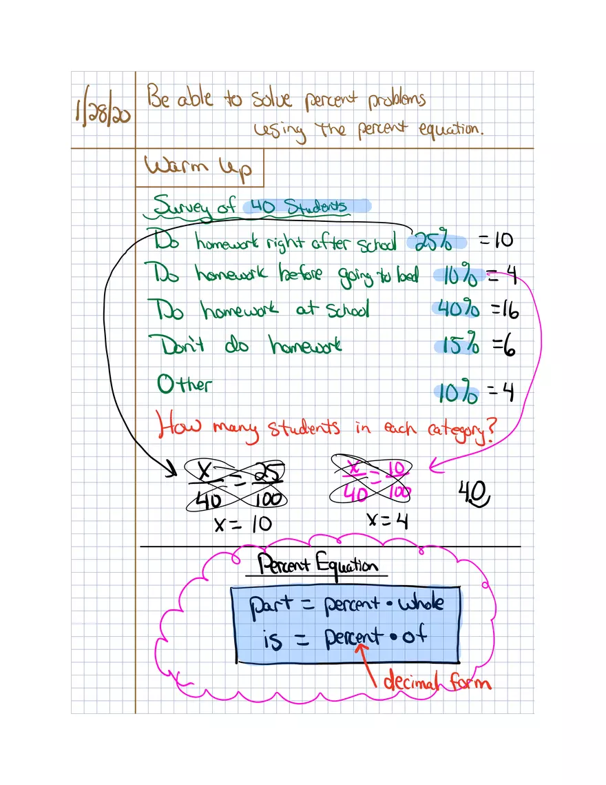 Notes Percent Equation Assignment - Page 1