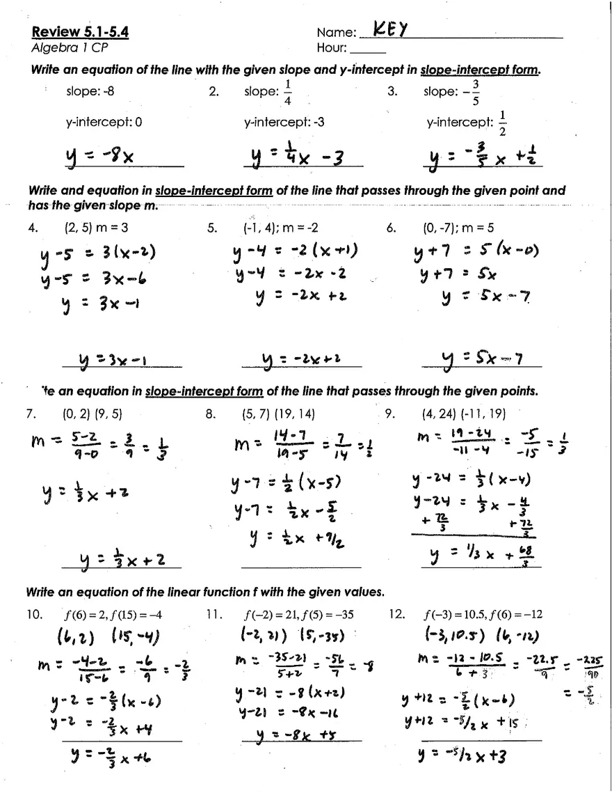 Math Algebra Quiz Review 5.1 Answer Key - Page 1