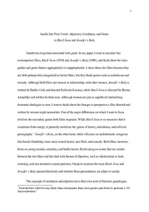 Smells Like Teen Vomit: Abjection, Unruliness, and Genre in Black Swan and Jennifer’s Body