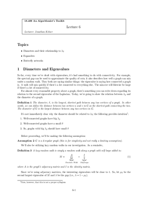 Lecture 6: Diameters and Eigenvalues, Expander Graphs