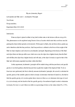 Lab 1 – Archimedes’ Principle