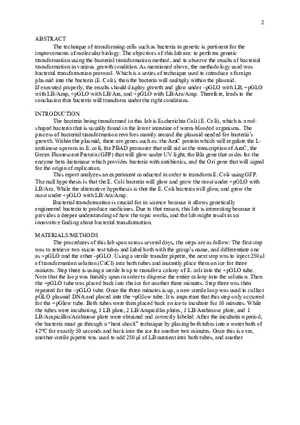 Bacterial Transformation Lab Report