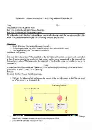 Worksheet Universal Gravitational Law