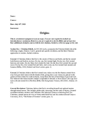Origins Worksheet