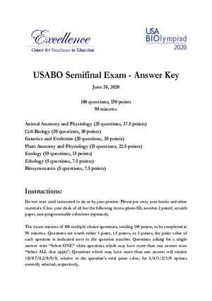 2020 USABO Semifinal Exam Answer Key