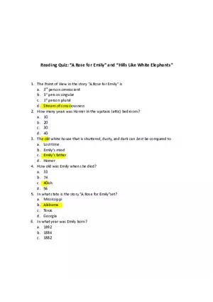 Reading Quiz A Rose for Emily and Hills Like White Elephants