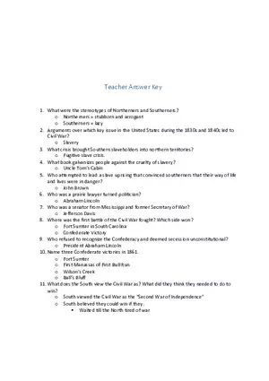 Civil War Map Questions - Answer Key