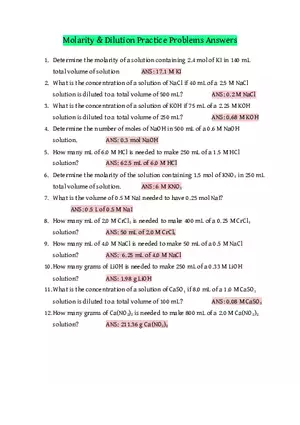 Molarity & Dilution Practice Problems Answers