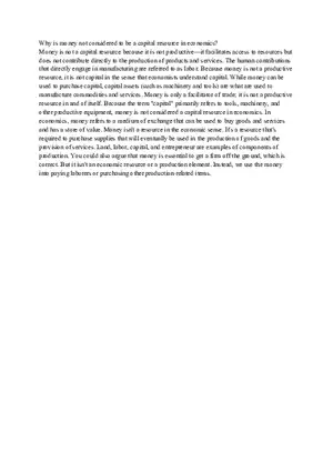 Why is Money not Considered to Be a Capital Resource in Economics